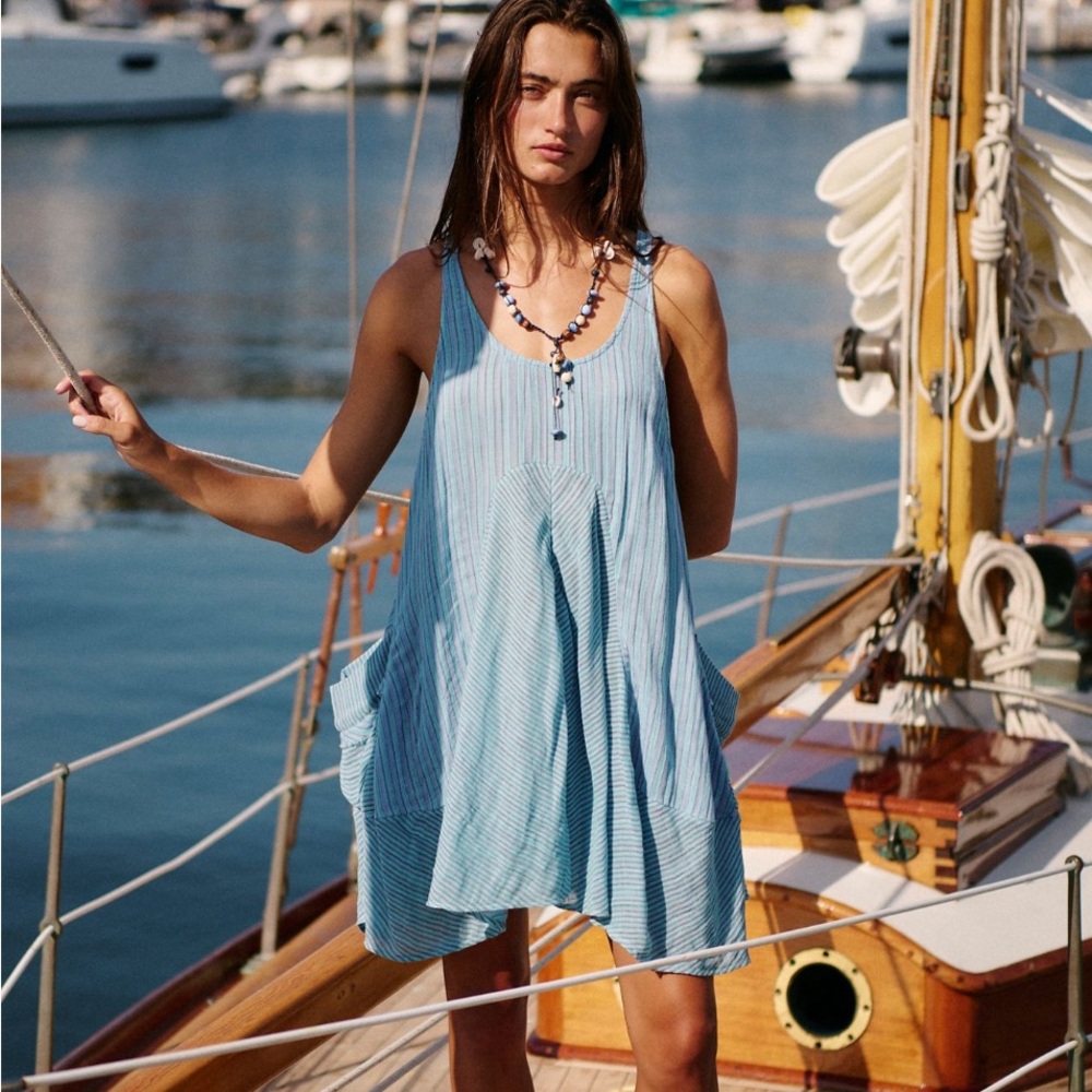 Free People Pina Colada Striped Tunic In Caribbean Blue Combo size Medium NWT
